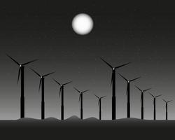 windmills for energy at night under the moon vector