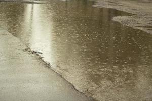 Rain outside. Large puddle in yard. Wet weather. Surface of puddle. photo