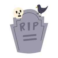 Grave memorial isolated on white. Halloween traditional symbols concept design. Black raven bird walking on tombstone. Human skull showing scared expression. Hand drawn flat vector illustration