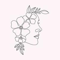 Hand drawn lined woman head with flowers illustration vector art
