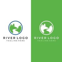 Logos of rivers, creeks, riverbanks and streams. River logo with combination of mountains and farmland with concept design vector illustration template.