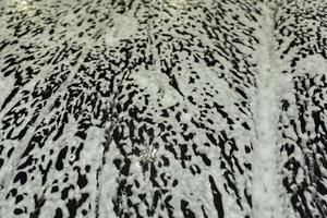 Soap foam on car. Texture of white foam on black car. Washing of transport. photo