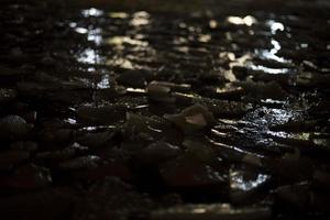 Texture of ice in dark. Broken ice. Puddle at night. photo