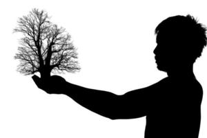 imagen lateral media sombra de un hombre. silueta de un hombre sobre un fondo blanco. concepto de amar el mundo proteger el medio ambiente. silueta de una persona que sostiene un árbol en la mano foto