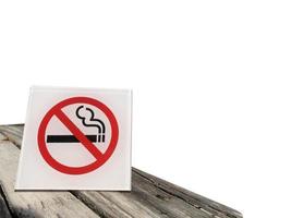 No smoking sign placed on old wooden table, isolated on white background, copy space photo