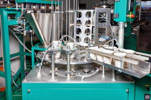 Production automatic line for bottling and packaging of yoghurts controlled by software. photo