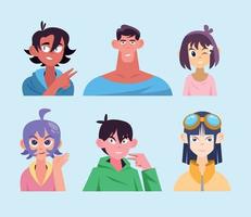six anime style characters vector