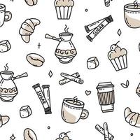 Coffee pattern with Turkish beans and croissants on a white background. Vector illustration in doodle style