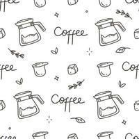 Coffee pattern with Turks and capsules on a white background. Vector illustration in doodle style