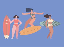 female surfers sporters characters vector