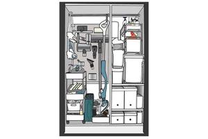 interior del armario de almacenamiento o sala de almacenamiento doméstico llena de equipo de limpieza desordenado en la estantería moderna. diseño de dibujos animados planos por ilustración vectorial aislado en blanco. vector