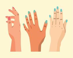 three hands with manicure vector