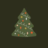 Green Christmas tree on doodle style on a black background. Vector illustration. EPS10