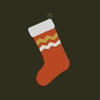 Red sock for gifts isolated in a black background. Icon of christmas stocking, symbol of winter, Christmas holidays and the new year. Vector flat, cartoon style.