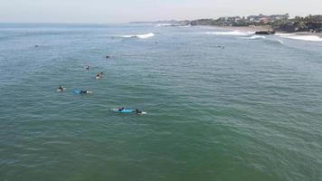 vista aérea de personas surfeando en olas con tablas de surf cuando están de vacaciones en bali, indonesia. video