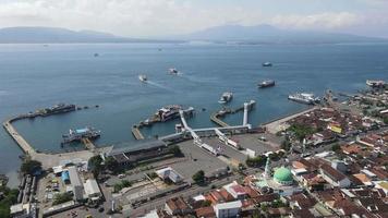 Aerial view of Port in Banyuwangi Indonesia with ferry in Bali Ocean video