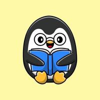 Cute Penguin Reading Book Cartoon Vector Icon Illustration. Flat Cartoon Concept