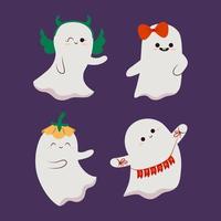 Halloween set of cute funny ghosts. Childish spooky characters for kids with different emotions, hats and face expressions vector