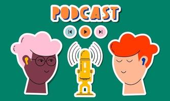 Headphones, microphone, two guys, lettering icons. Podcast recording and listening, broadcasting, online radio, audio streaming service concept. Hand drawn vector isolated colorful illustrations.