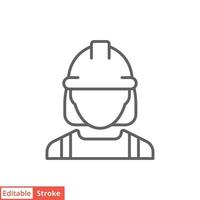 icono de trabajador de la construcción femenina. mano de obra, constructor, empleado, concepto de casco. estilo de esquema simple. ilustración de diseño vectorial de línea delgada aislada sobre fondo blanco. trazo editable eps 10. vector