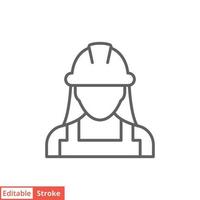 Female construction worker icon. Labor, builder, employee, hardhat concept. Simple outline style. Thin line vector design illustration isolated on white background. Editable stroke EPS 10.