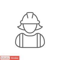 Female construction worker icon. Labor, builder, employee, hardhat concept. Simple outline style. Thin line vector design illustration isolated on white background. Editable stroke EPS 10.