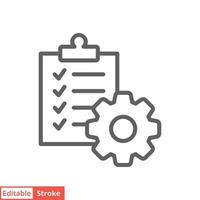 Clipboard with gear icon. Simple outline style. Project order, work, setting, technical support check list concept. Line vector illustration isolated on white background. Editable stroke EPS 10.