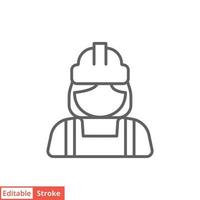 Female construction worker icon. Labor, builder, employee, hardhat concept. Simple outline style. Thin line vector design illustration isolated on white background. Editable stroke EPS 10.