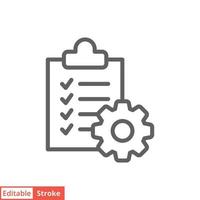 Clipboard with gear icon. Simple outline style. Project order, work, setting, technical support check list concept. Line vector illustration isolated on white background. Editable stroke EPS 10.