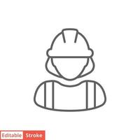 Female construction worker icon. Labor, builder, employee, hardhat concept. Simple outline style. Thin line vector design illustration isolated on white background. Editable stroke EPS 10.