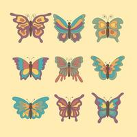 Set of colorful groovy butterflies in retro style 70s on beige background. vector