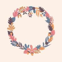 Elegant round frame, wreath or border made of colorful fallen oak leaves, acorns, maple, chestnut, berries and other simple leaves. vector