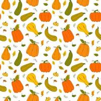 Seamless pattern of colorful pumpkins and leaves in flat style on white background. vector