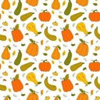 Seamless pattern of colorful pumpkins and leaves in flat style on white background. vector