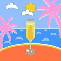 Mimosa cocktail on the beach with ocean and palm trees vector