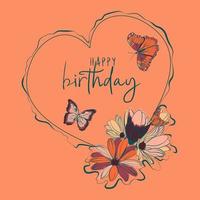 Happy birthday greetings in a heart frame with flowers and butterflies vector