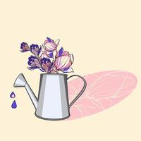 Metal watering can with flowers of magnolia and crocuses with pink shadow vector