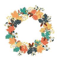 Autumn decorative wreath with oak leaves, acorns, ginkgo biloba, eucalyptus branches, and maple leaves vector