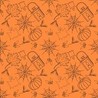 Seamless holiday pattern with Halloween decorations, webs, maple leaves, lanterns, pumpkins, ghosts, and acorns on the orange background vector