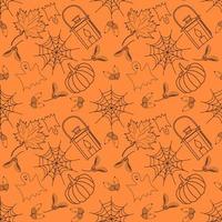 Seamless holiday pattern with Halloween decorations, webs, maple leaves, lanterns, pumpkins, ghosts, and acorns on the orange background vector