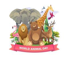 Happy World Animal Day concept design with cute animals bear, lion, giraffe, deer, elephant, and birds. Vector illustration in flat style