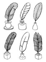 Doodle set of quill and inkwell in antique style vector