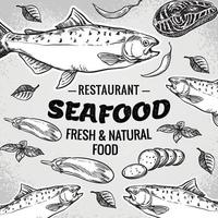 Vector hand drawn seafood restaurant illustration. Vintage style. Retro sketch background. Template