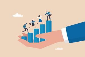 Employee development, talent management or career growth, staff motivation or teamwork and support for success, improvement concept, business people help each other walk up growth graph on HR hand. vector