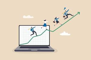 Business growth, improvement or growing, financial success or investment increase, strategy or plan to success, ambition concept, business people running from growing graph from computer laptop.