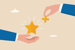 Value added, increase value or price of product to make profit, additional advantage or development for more benefit concept, businessman hand holding star value and another added plus sign to it. vector