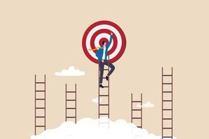 Ladder of success to reach goal or target, challenge to achieve goal, strategy or motivation to win competition, ambition or aspiration concept, businessman climb up the right ladder to reach goal. vector