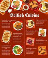 página de vector de menú de comidas de restaurante de cocina británica