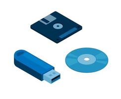 Data media storage computer technology. floppy disk flash drive and cd symbol set illustration isometric vector