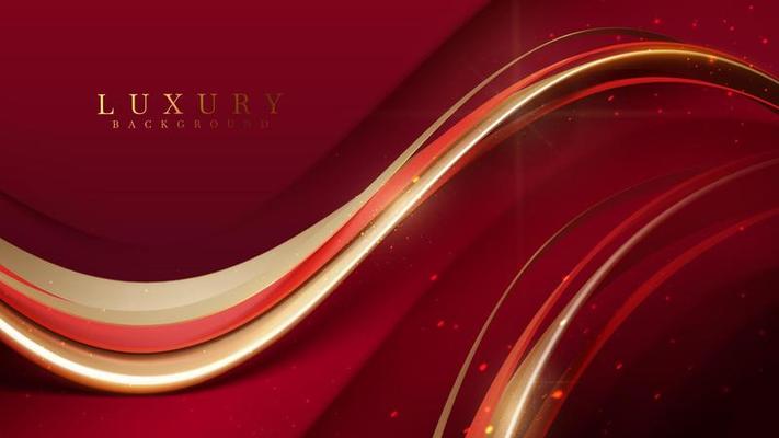 Red luxury background with golden curve decoration with glitter light effect elements and bokeh.